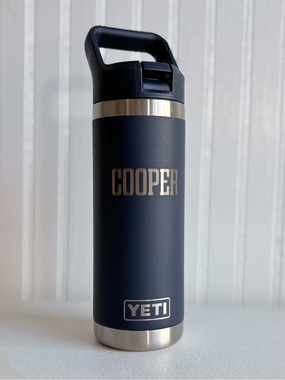NEW Yeti Rambler insulated 18 oz Navy Straw Cap Handle monogram COOPER, Dent NWT